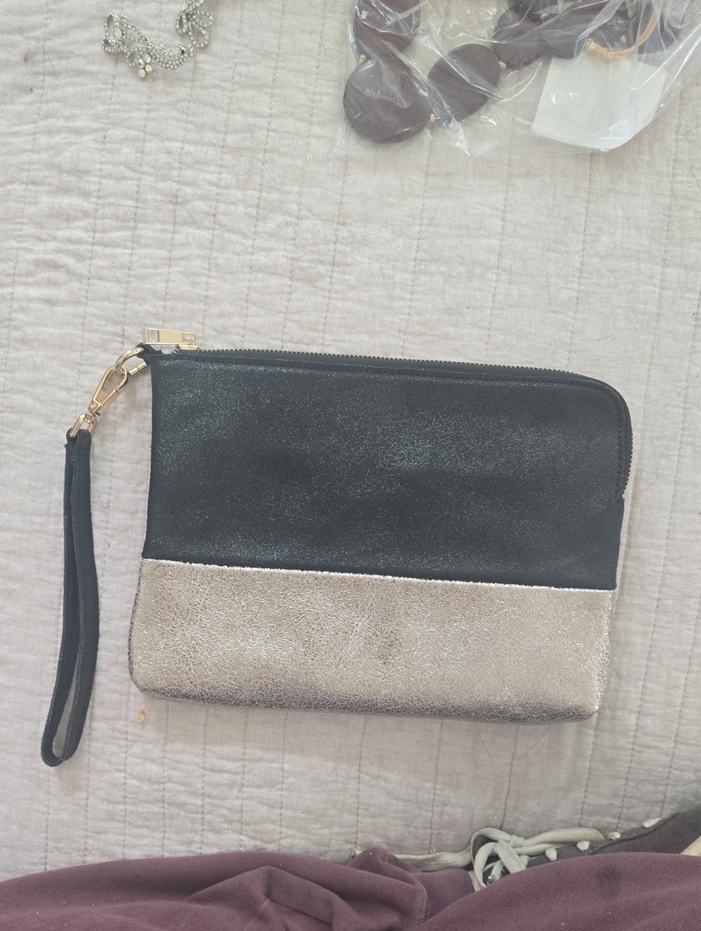 Two-Tone Metallic Black and Silver Wristlet Clutch